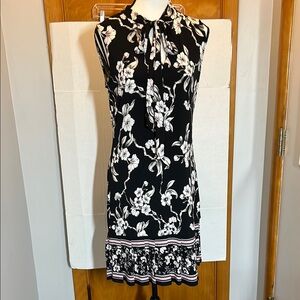 White House Black Market Black and White Halter Sheath Dress with pink accents